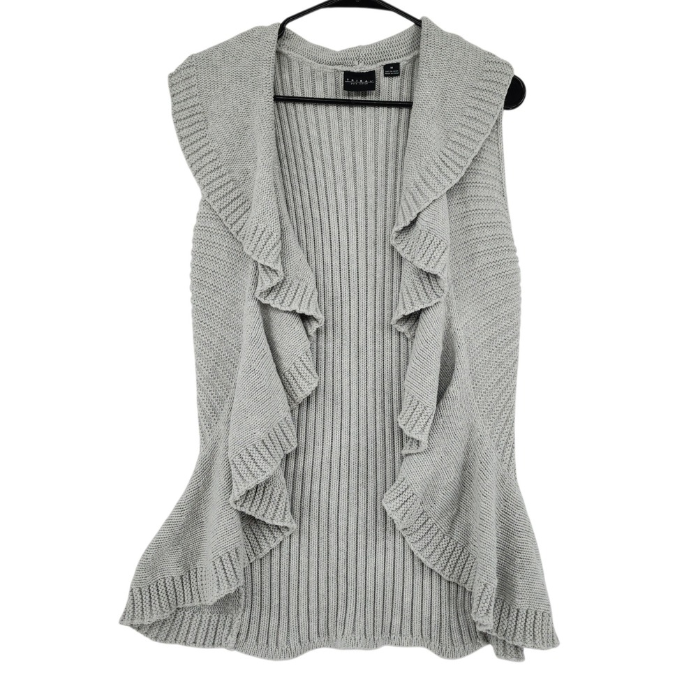 Tribal Cardigan Sweater M Vest Gray  Ruffle Waterfall Front‎ Boho Fairy Feminine